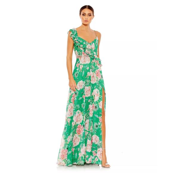 Mac Duggal Floral Print Ruffled Wrap Over a Line Gown Green Size 8 NWT - Picture 2 of 14